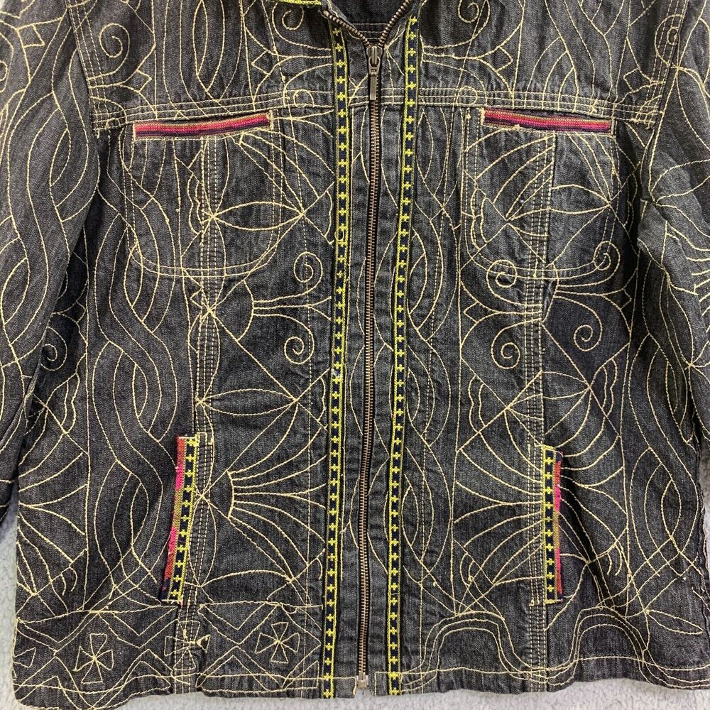 Chicos Denim Jacket Tribal Art Zip Cotton sz 2/ Large 12 Embroidered - Picture 6 of 13